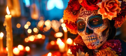 Mexican woman with Day of the Dead face paint surrounded by candles. Latina lady dressed for Dia de los Muertos. Concepts of Mexican culture, festive tradition, Halloween. Copy space