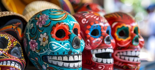 Fototapeta premium Vibrant, decorative skulls for Day of the Dead. Colorful Dia de los Muertos skull masks on display. Concept of cultural celebration, Mexican tradition, festive, vibrant decor, Halloween