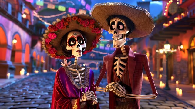 Day of the Dead skeleton couple in traditional attire. Dia de los Muertos skeleton pair. Concept of Mexican culture, tradition, celebration, festival, Halloween