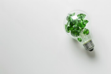 Green Light Bulb with Leaves on White Background - Eco-Friendly Concept