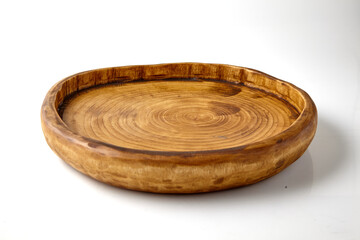 Handmade wooden brown plate isolated on white background. Platform for presentation and sale of food
