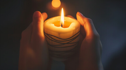 two hands gently holding a lit candle in a dark setting. The candle itself is white with black stripes spiraling around it, creating an elegant design