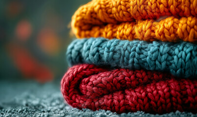 A stack of knitted items on a blurred background.