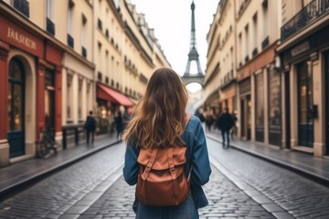 Fototapeta premium Back view, Traveler woman in old town street in Paris, France, tourist travel. Vacation, holiday, trip, solo travel