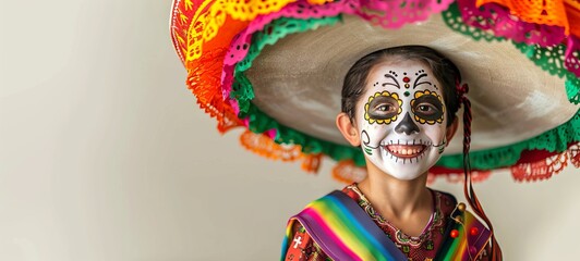 Boy celebrating Dia de los Muertos in colorful traditional outfit. Child with painted face mask. Concept of cultural heritage, festive attire, and Mexican tradition. Halloween. Space for text