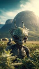 Alien creature with large eyes in extraterrestrial landscape. Extraterrestrial being. Concept of science fiction, humanoid species, and interplanetary exploration. Vertical format