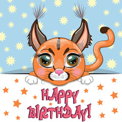 Happy birthday cards with animals. Cute hero with beautiful eyes, expressive