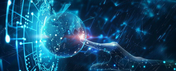 
Digital technology concept, hand touching digital hologram of globe with icons and graphs on background, dark blue gradient background