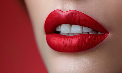 Close-up of woman with red lipstick biting lip detailed focus on lips and teeth