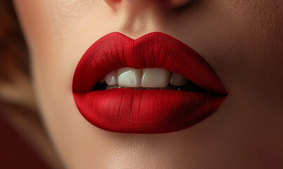 Close-up of red lips with matte lipstick and white teeth in fashionable style