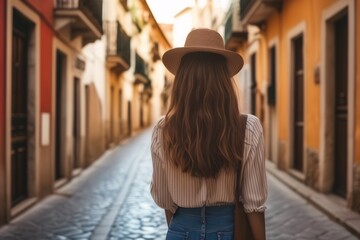 Obraz premium Back view, Traveler woman in old town street in Spain, tourist travel. Vacation, holiday, trip, solo travel