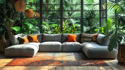 modern bohemian decor, a snug seating space featuring a grey sectional adorned with vibrant throw pillows amidst green plants, wicker decor, and sunlight from expansive windows