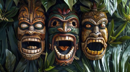 Terrorizing tiki masks adorned with leaves and featuring gaping maws and pointed teeth realistic