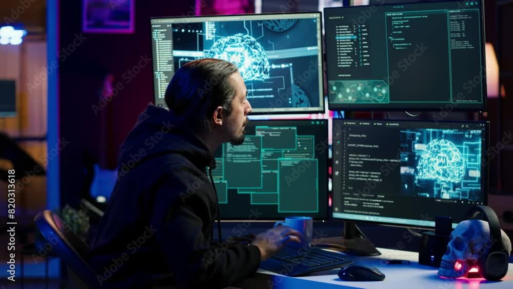 Poster hacker using ai technology to target vulnerable unpatched connections to steal data. cybercriminal u