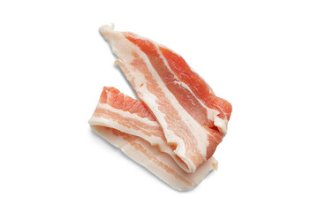 Piece of raw pork bacon close up, macro isolated on white, transparent background. Streaky brisket slices, fresh thin sliced bacon meat, food ingredient