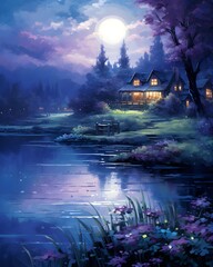 Digital painting of a cottage on the shore of a lake in the evening