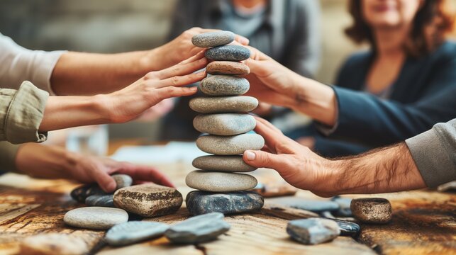 Diverse group of people collaboratively stacking stones in an indoor team-building activity