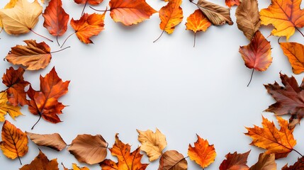 An abstract autumn background with copy space A frame of vibrant fall leaves on white 
