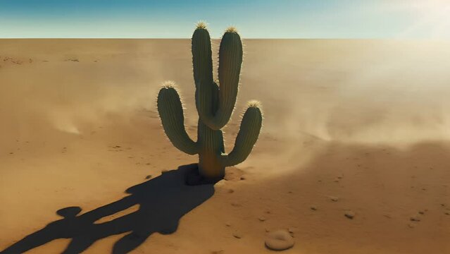 Solitary cactus casts a long shadow over golden desert sands, under a clear sky. The image conveys a sense of solitude and resilience amidst the vast, arid landscape