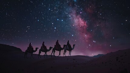 three wise men riding with camels on the desert starry night realistic - Powered by Adobe