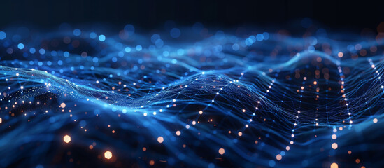 Abstract wave with moving dots and lines. Flow of particles. Cyber technology illustration. 3d rendering