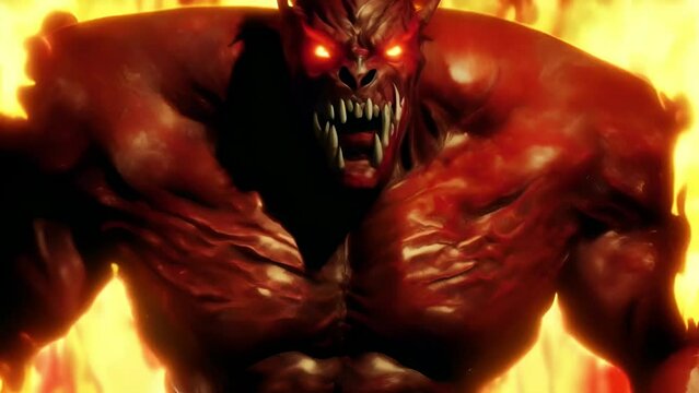 red, muscular demon with glowing eyes, set against a blazing inferno backdrop, exuding power, fury, and the essence of nightmares