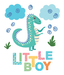 Scandinavian hand drawn illustration with dinosaur, dragon. Children's poster, poster, pajamas.