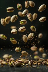 An artistic shot of pistachios in mid-air, capturing their dynamic motion against a dark background, perfect for food and health themes.