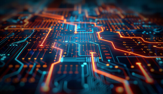 Orange, blue technology background/Orange and blue technology background circuit board and code