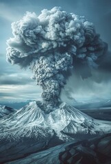 Dramatic volcanic eruption with ash plume ascending into the sky, capturing the power and raw energy of nature in a stunning landscape.