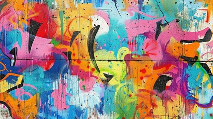 Colorful Graffiti Art Pattern on Weathered Concrete Wall: Urban Street Art