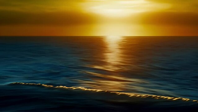 Tranquil sunset casts a warm golden glow over the ocean, creating a peaceful scene with soft waves gently rippling under the fading light of the day