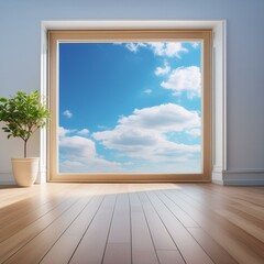 Minimalist-style room with wooden window frame casting soft daylight onto the floor, showcasing a backdrop of blue sky and clouds