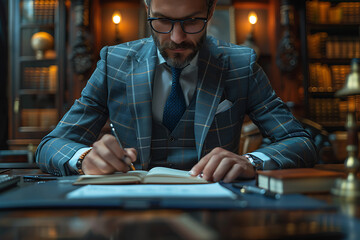Fototapeta premium Modern Business Consultant - Suit, Laptop, Blue, Gray