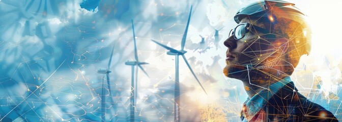 An engineer looking at wind turbines with a determined look on his face. AIGZ01