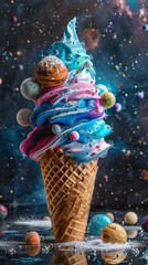 Galaxy Ice Cream Cone with Colorful Swirls