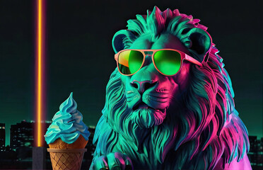 Plaster statue of a lion in sunglasses on the background of an urban landscape