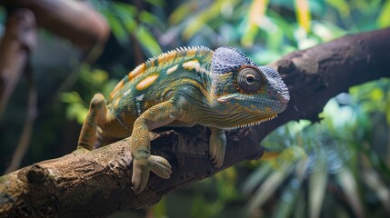Close-up of a colorful chameleon perched on a branch surrounded by lush greenery in its natural habitat.