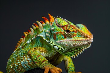 Obraz premium Close-up of a vibrant, colorful lizard with intricate patterns and textures against a dark background, showcasing stunning detail and vivid hues.