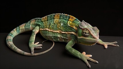 Obraz premium Colorful chameleon with vibrant scales in various shades of green and yellow on a dark black background, showcasing its detail.