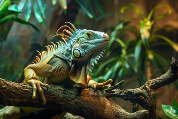 A vibrant iguana perched on a tree branch in a lush jungle, showcasing its colorful scales and serene environment.