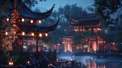 traditional chinese temple at night realistic