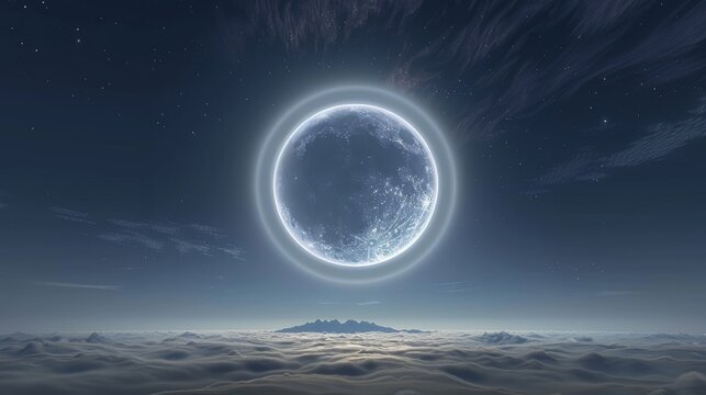 The moon shines brightly behind a gossamer veil of thin clouds its halo casting a soft glow onto the earth below.
