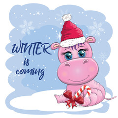 Cute cartoon hippo in Santa hat with gift, Christmas ball and candy cane. New Year and Christmas holiday