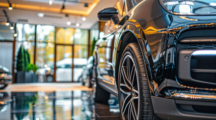 Fototapeta premium Shiny black car with city lights bokeh effect. Image of luxury cars