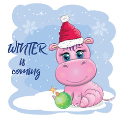 Cute cartoon hippo in Santa hat with gift, Christmas ball and candy cane. New Year and Christmas holiday