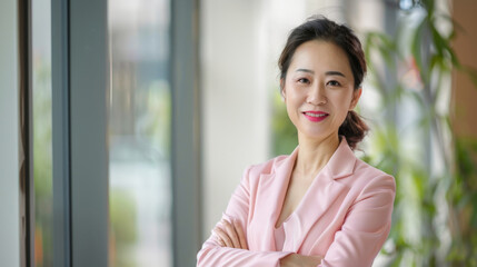 Confident Asian Businesswoman in Pink Blazer Smiling in Office Environment