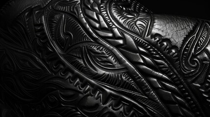 Tribal tattoos, Polynesian, Native American, Celtic knots, against a black leather texture, dramatic side lighting realistic
