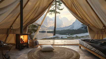 Obraz premium a serene and inviting interior within a spacious tent