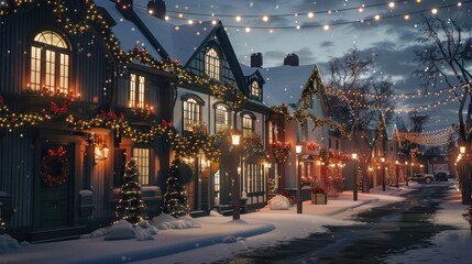 Traditional houses decorated with christmas garlands and lights at evening. realistic
